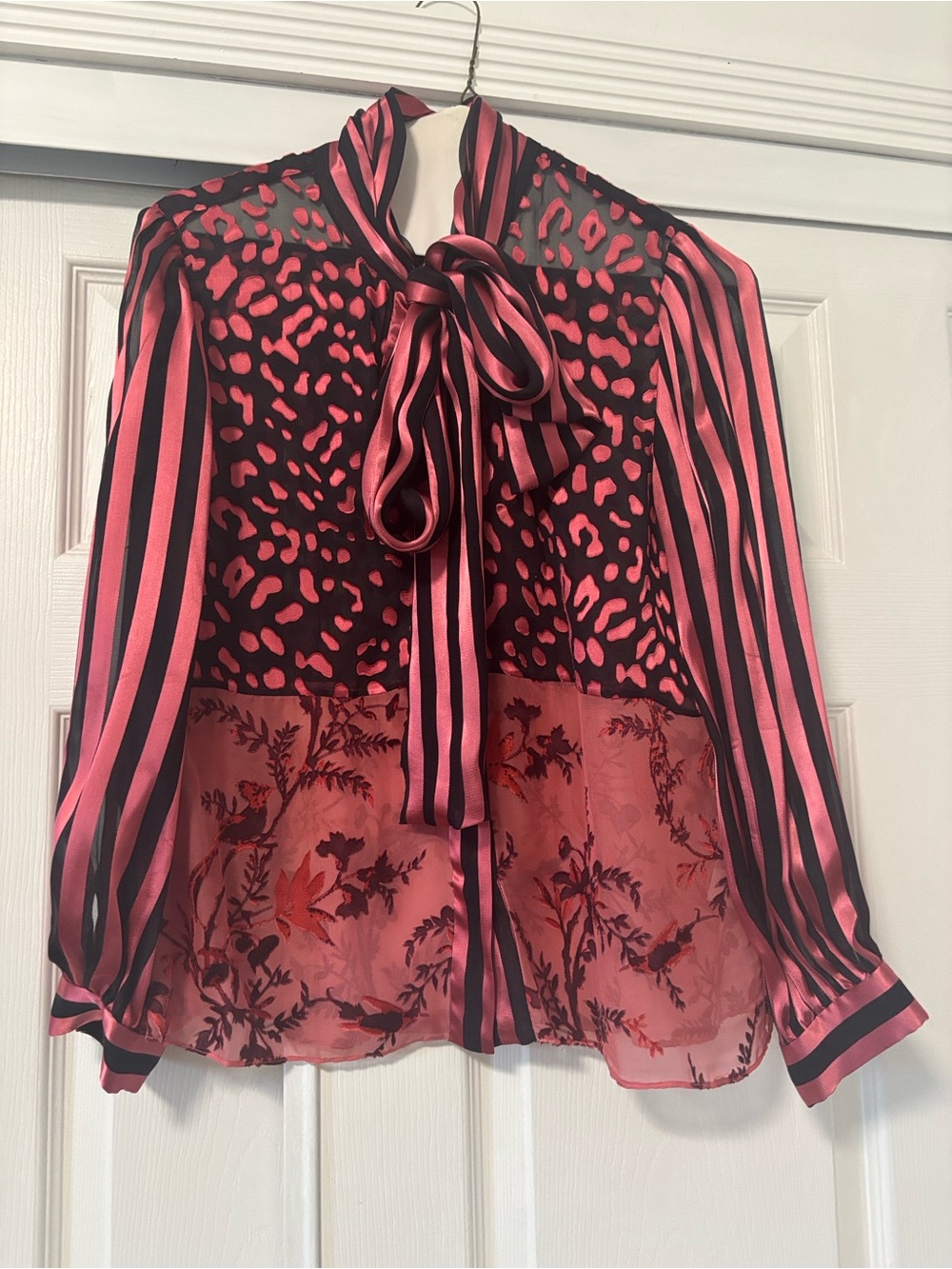 Alice + Olivia Pink and Black Mixed-Print Tie-Neck Blouse